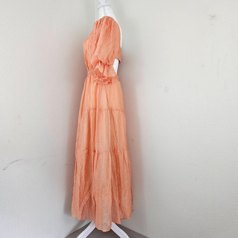 MOON RIVER Womens Sz S Puff Sleeve Tiered Back cutout Midi Dress Coral Cocktail - Picture 4 of 16
